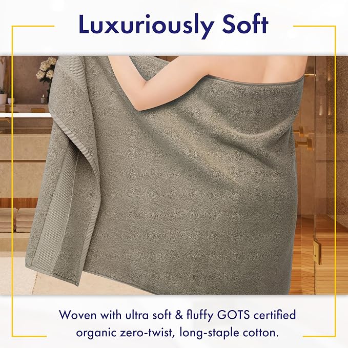 Alusa Home 100% Organic Luxury Bath Sheets - GOTS Certified - Extra Large 35x70 Inches (Pack of 2) Zero-Twist, Long-Staple Cotton Bath Sheet Set (Taupe)
