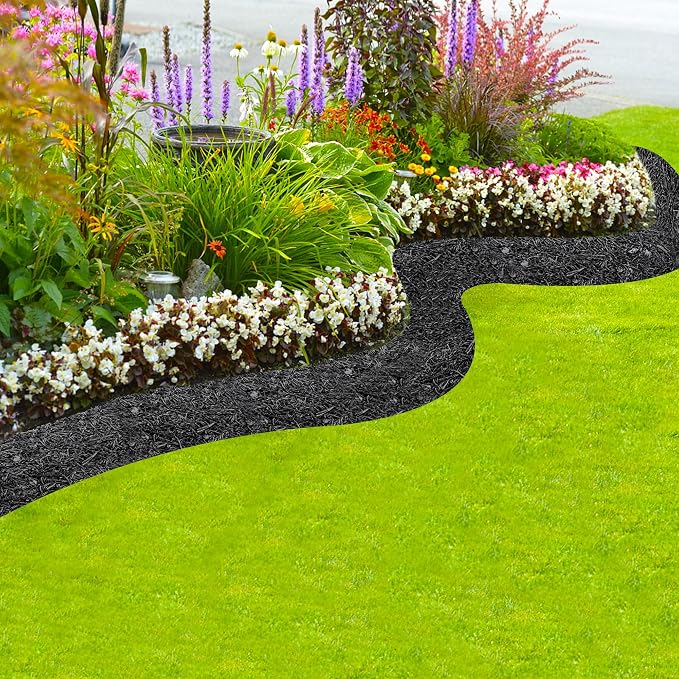 Adnee 140'' x 5.5" Double Sided Rubber Mulch Roll, Black Recycled Rubber Mulch Walkway,Permanent Garden Edging Barrier Mat for Landscaping,Plants,Vegetables and Flowers
