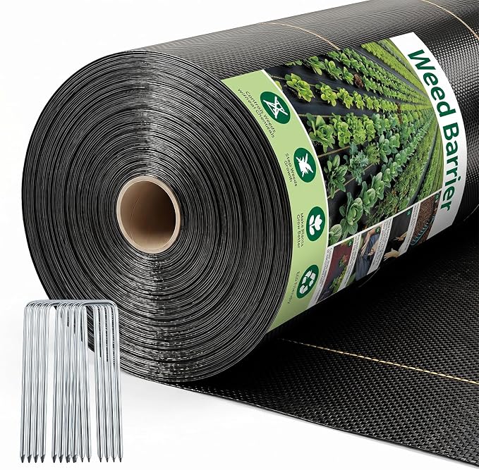 Premium 6ft x 100ft Weed Barrier Landscape Fabric, Heavy Duty 3.2oz Woven Ground Cover, UV Resistant & Permeable Weed Control Cloth with Staples for Garden, Yard, Patio & Landscaping
