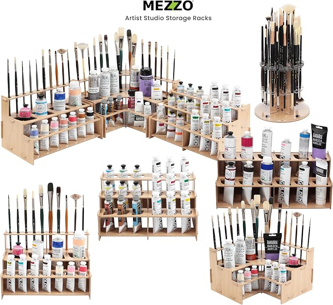 HG Art Concepts Mezzo Artist Paint and Brush Racks - Wood Grain Laminate Multi Layer Desk Stand Professional Storage Display Organizer for Paintbrushes and Tubes - Straight Rack 2