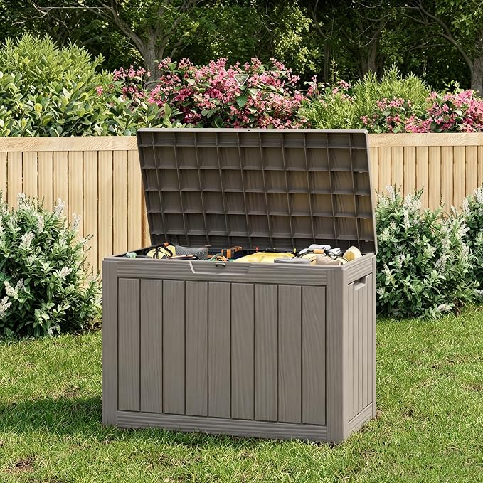 55 Gallon Outdoor Storage Box, All-Weather Resin Deck Box Outdoor Waterproof with Lockable Lid for Patio Cushions, Package Deliveries, Garden Tools, Pool Supplies, Grey