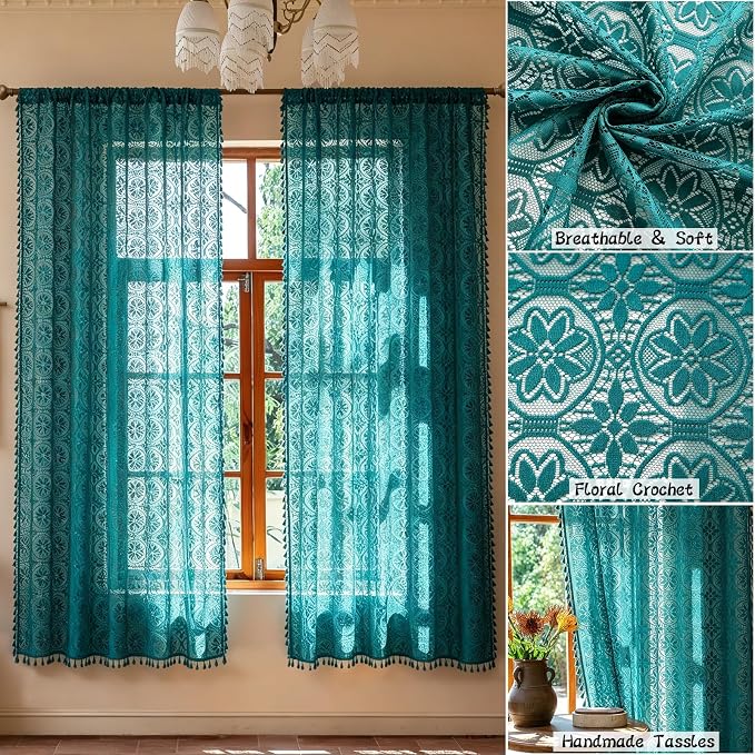 Sutuo Home Boho Lace Curtains 2 Panels 72 inch Lengh for Nursery Bedroom | Sheer Curtains Victorian Floral Drape Privacy Crochet Vintage Chic Tassels Bohemian Window Treatments Rod Pocket, 50" W Teal