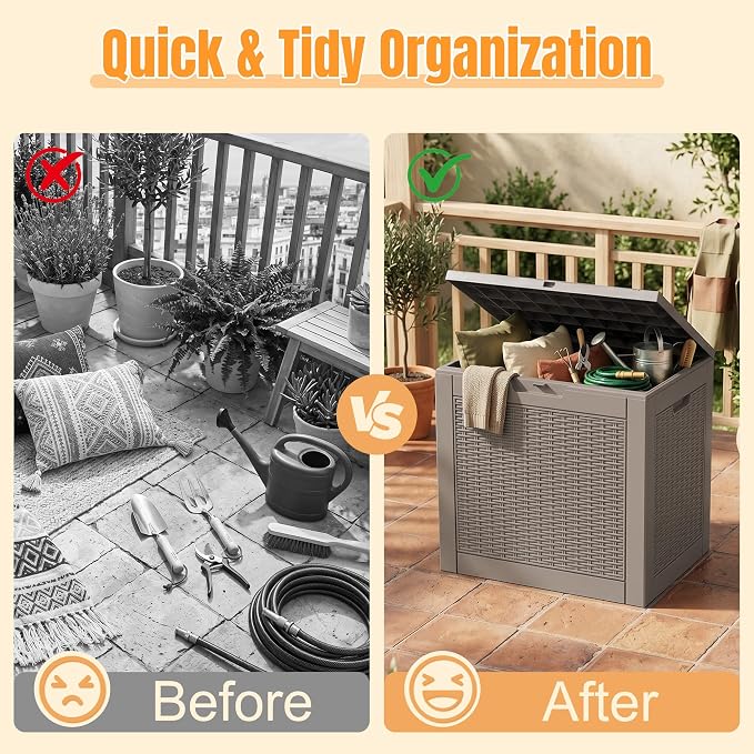 Outdoor Storage Box, 38 Gallon Waterproof Resin Patio Deck Box | UV Resistant Lockable Package Delivery Bin, Toy Cabinet, Shoe & Garden Tools Storage, Ottoman, Indoor/Outdoor