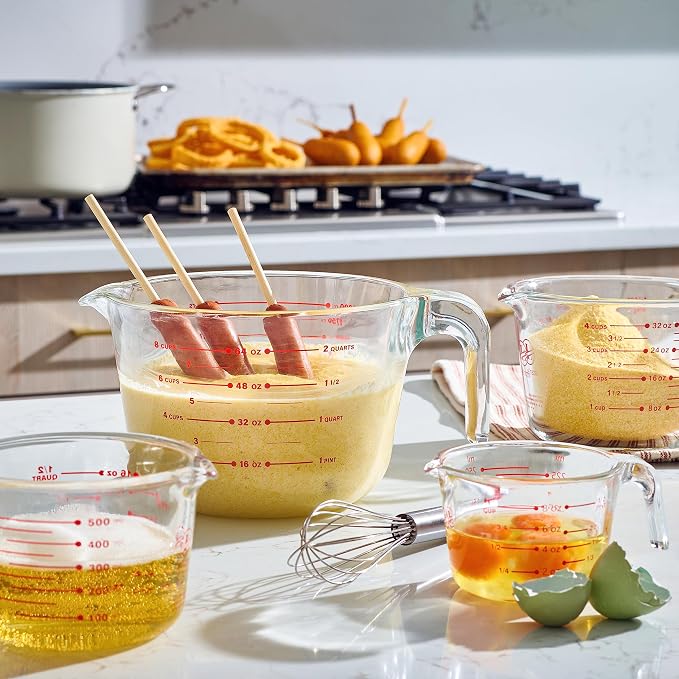 Le’raze Glass Measuring Cups Set of 4 – Heat-Resistant, Easy-Read Measurements, Ergonomic Handle & Pour Spout, Dishwasher Safe, Kitchen Bakeware Liquid Batter Mixing Bowls (1 cup, 2 cup, 4 cup, 8 Cup)