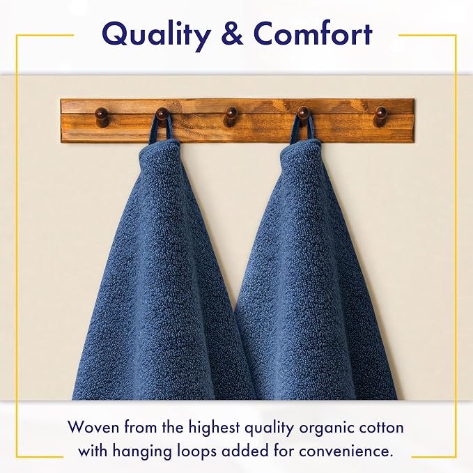 Alusa Home 100% Organic Luxury Bath Sheets - GOTS Certified - Extra Large 35x70 Inches (Pack of 2) Zero-Twist, Long-Staple Cotton Bath Sheet Set (Navy Blue)
