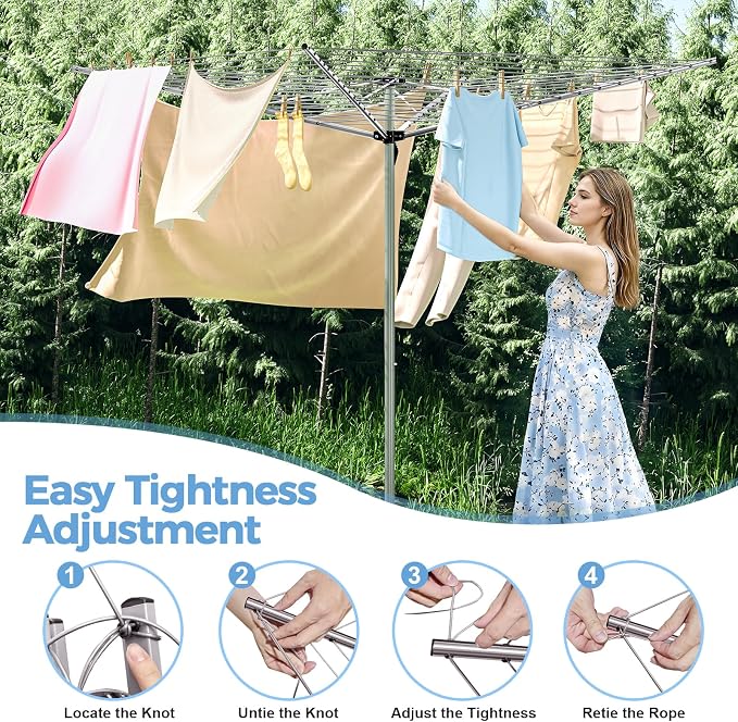 164Ft Outdoor Umbrella Clothes Drying Rack, 67.52" H | Collapsible 4-Arm Rotary Clothesline For Lawn, Garden & Backyard, Metal Frame For Outdoor Natural Laundry Drying