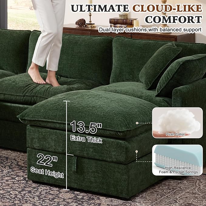 Ihanherry 135” Modular Sectional Sofa with Storage, U Shaped Cloud Couch with Movable Ottomans & 4 Pillows, Chenille Deep Seat Sectional Couches for Living Room, Apartment (Green)