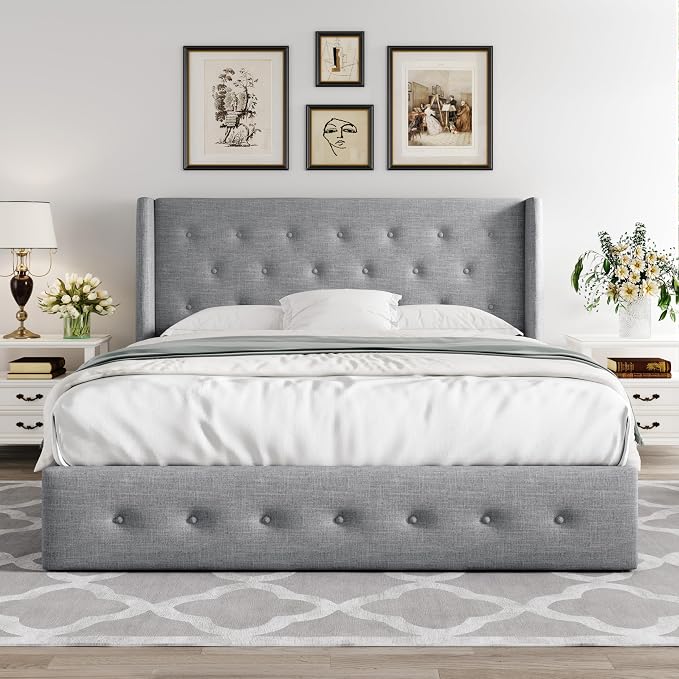 Allewie Queen Size Lift Up Storage Button-Tufted Bed Frame Light Grey | Modern Wingback Headboard, Hydraulic Support Storage, No Box Spring Needed