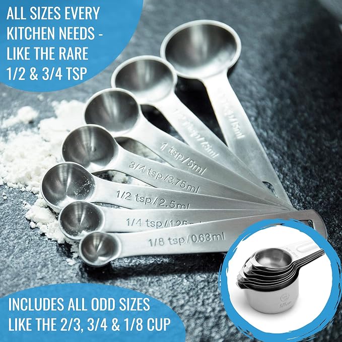 KPKitchen Stainless Steel Measuring Cups and Spoons Set of 16 and 4-Piece Liquid Measuring Cups Set - 7 Cup and 7 Spoon Metal Measure Sets - Includes Mini Ounce, 1, 2 and 4 Plastic Measuring Cup Sizes