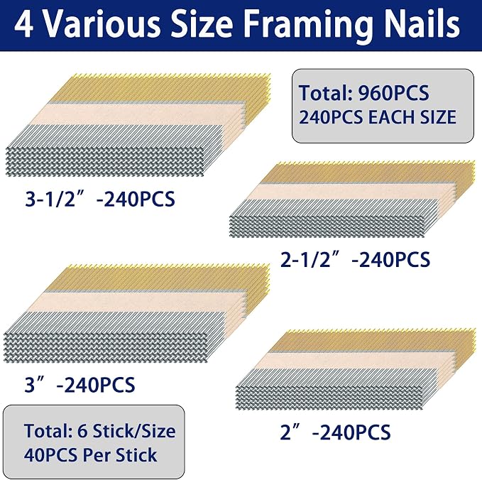 HW HAMWOO 34°Framing Nails,Ring Shank,2",2-1/2",3",3-1/2":960pcs | D Head Nail Pack,Hot Dipped Galvanized Paper Tape Strip Nails,for 30 to 34 Degree Framing Nailer