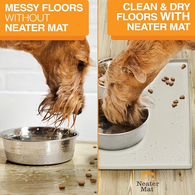 Neater Pet Brands Neater Mat Pet Mats for Food and Water, Cat & Dog Bowl Mat Waterproof Silicone, Feeding Tray, Dog Food Mats for Floors, Placemat w/Raised Edge for Under Bowls, 16” x 10”, Cream