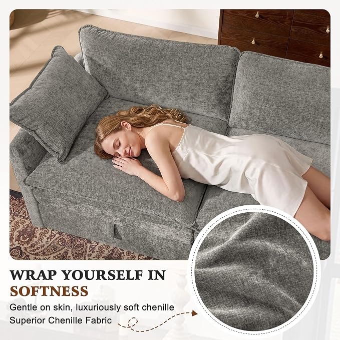 Ihanherry Oversized Sectional Sofa Bed with Storage, 103" 6-Seater Modular Cloud Couch with Movable Ottomans, Chenille Deep Seat Sleeper Couches for Living Room (Grey)