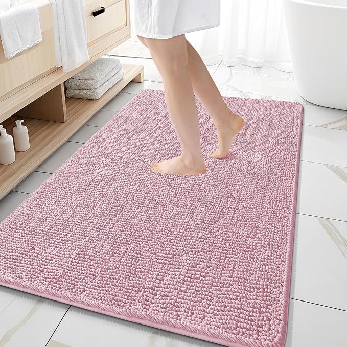 OLANLY Large Bathroom Rugs 59x35, Extra Soft Absorbent Chenille Bath Rugs, Rubber Backing Quick Dry, Machine Washable Bath Mats for Bathroom Floor, Tub and Shower, Home Decor Accessories, Dusty Rose