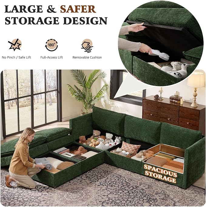Ihanherry 103” Modular Sectional Sofa with Storage, U Shaped Cloud Couch with Movable Ottomans & 4 Pillows, Chenille Deep Seat Sectional Couches for Living Room, Apartment (Green)