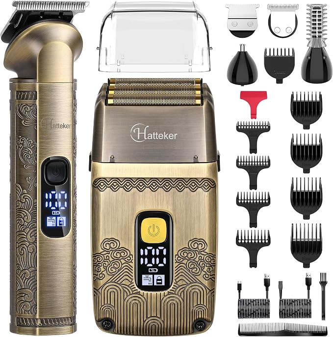 Hatteker Men Waterproof Cordless Beard Trimmer Clipper & Foil Shaver All-in-One Kit