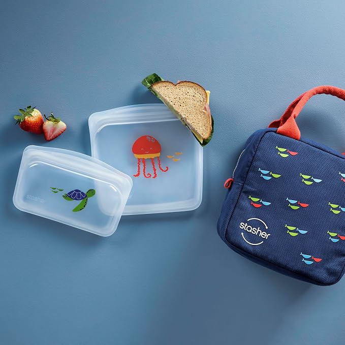 Stasher Reusable Kids Lunch Collection, 3-Pack Set with Lunch Bag | Food-Safe Silicone, BPA-Free, Leak-Free, Eco-Friendly, Dishwasher, Travel Containers, Meal Prep, Food Storage, Travel