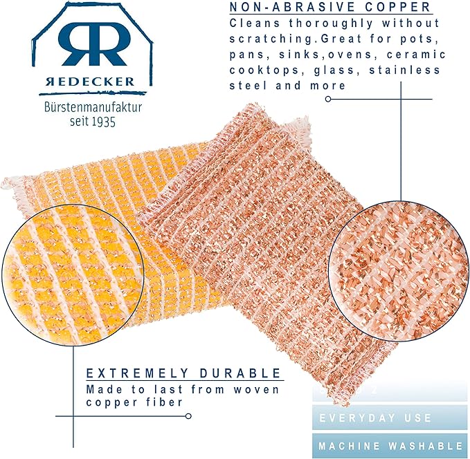 Redecker Copper Sponge Set, 2 Pack – Non-Scratch Scrubber for Pots, Pans & Sinks – Flexible Reusable Copper Cleaning Sponges, Made in Netherlands