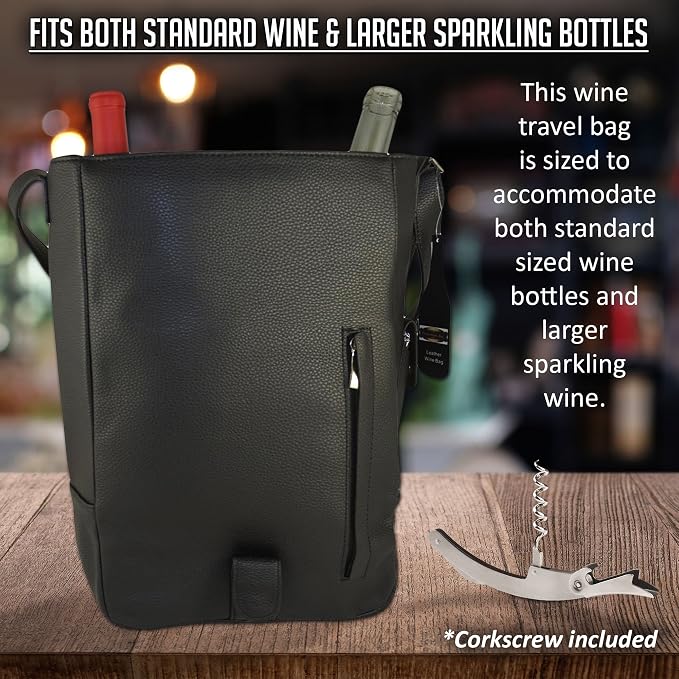 Vino2 Two Bottles Saddle Leather Wine Tote Messenger Carrier (Black)