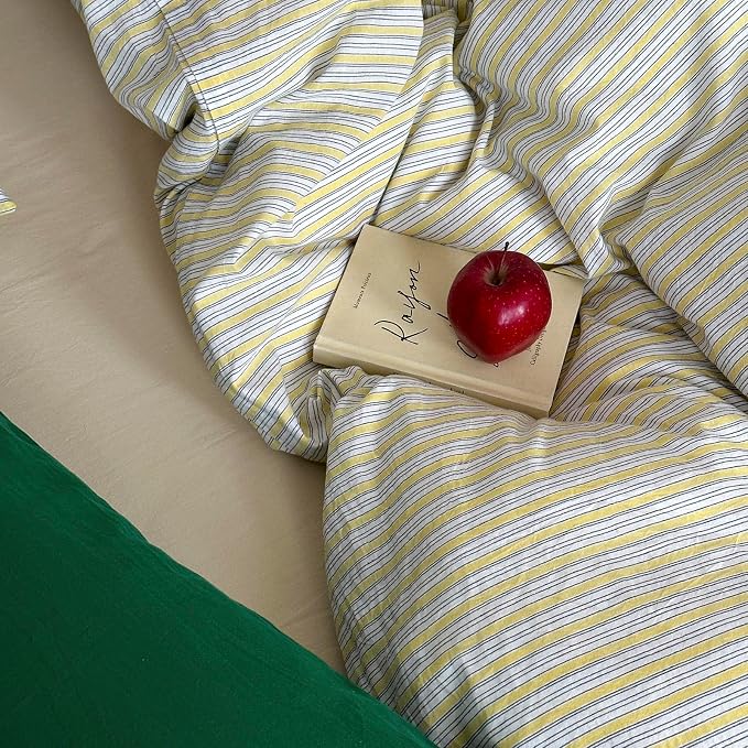 mixinni Vintage Geometric Striped Duvet Cover Set - 3 Piece 100% Washed Cotton Twin Size Bedding Set with Matching Pillowcases | Mid-Century Modern Design | Ultra Soft & Breathable-Twin Size