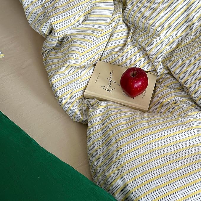 mixinni Vintage Geometric Striped Duvet Cover Set - 3 Piece 100% Washed Cotton Queen Size Bedding Set with Matching Pillowcases | Mid-Century Modern Design | Ultra Soft & Breathable-Queen Size