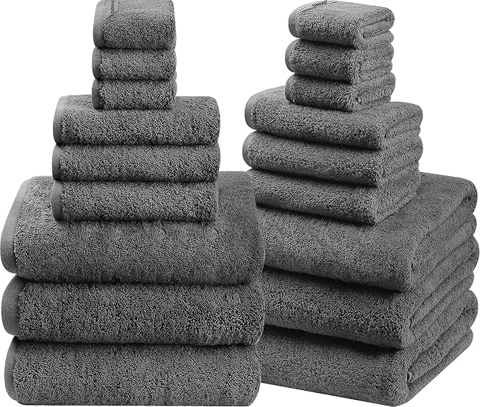 SEMAXE Bath Towel Set, 18 Piece Towel Set for Bathroom, Large Value Pack, Quick Dry Cotton Towels with Hanging Loops, Easy Care, Grey