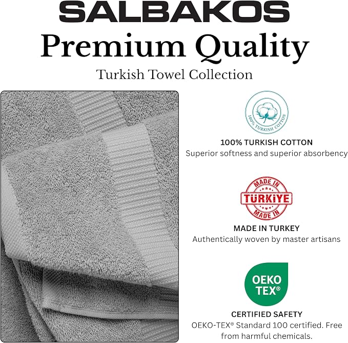SALBAKOS 100% Turkish Cotton Bathroom Towel Set of 6-Piece, Silver | 630 Gsm Thick Super Soft Highly Absorbent 2 Bath + 2 Hand + 2 Washcloth Towels Sets, Giftable, Hotel Quality, Made in Turkey