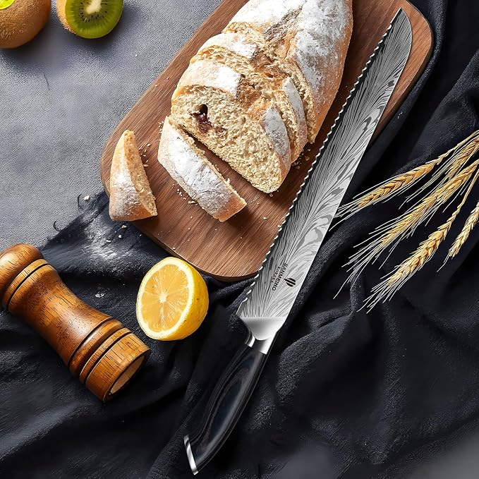 10 inch Bread Knife in Powder Steel, Serrated Bread Knife | for Homemade Bread Sourdough Ultra Sharp Bread Slicer Knives with Ergonomic Pakkawood Handle for Sourdough, Turkey and Fruit