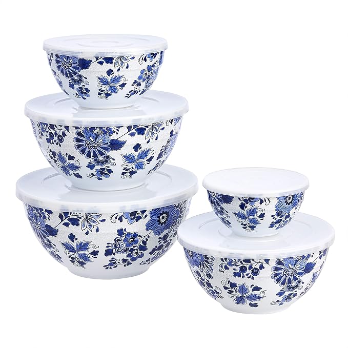 Amazon Basics Mixing Bowls with Lids, Nesting Melamine Serving Bowls, Non-Slip Base, BPA Free, Dishwasher Safe, 5 Sizes, Blue and White Floral, Set of 10