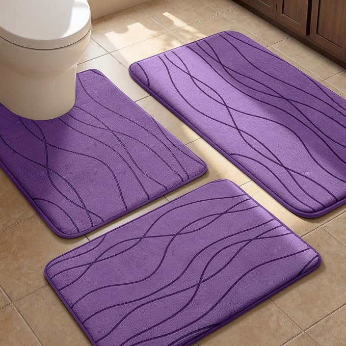 YIHOUSE Bathroom Rugs Set 3 Piece, Memory Foam Bath Mat Purple | Ultra Soft, Absorbent, Non-Slip, Machine Washable, for Bathroom, Sink and Toilet