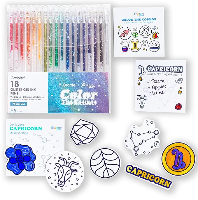 A Brighter Year Large Color The Cosmos Capricorn Bundle - Adult Mini Coloring Book (3" x 3" - 50 Pages), Post It Notes (50-3” x 3”), Stickers, & Gel Pens - Stress Relief, Mindfulness, Gift, Travel