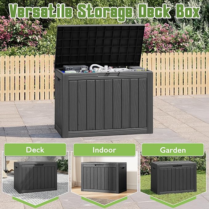 50 Gallon Outdoor Storage Box, All-Weather Resin Deck Box Outdoor Waterproof with Lockable Lid for Patio Cushions, Package Deliveries, Garden Tools, Pool Supplies, Black