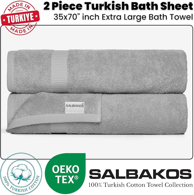 SALBAKOS 2-Piece 100% Turkish Cotton Bath Towels Extra Large 35x70, Silver | Oversized Bath Sheet Towel for Bathroom & Beach, Thick, Super Soft, Highly Absorbent, Premium Hotel Quality, Made in Turkey