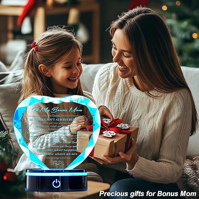Bonus Mom Gift Ideas from Daughter Son, Gifts for Bonus Mom, Gifts for Step Mom for Valentines Birthday Mothers Day Christmas, Crystal Keepsake with Light Base