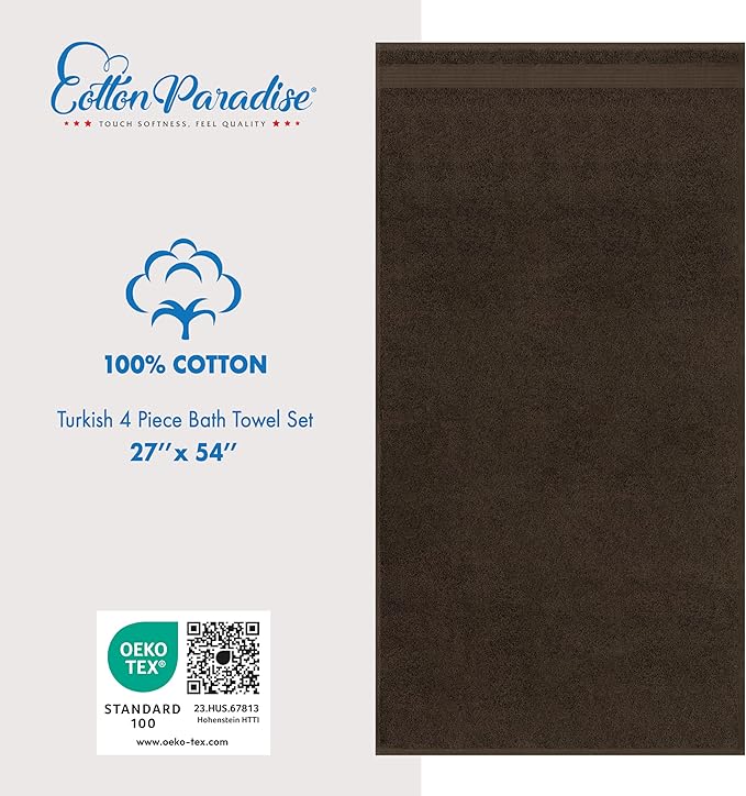 Cotton Paradise 100% Cotton Turkish Towel Set, Soft Absorbent Quick Dry, 4 Piece Bath Towel Set, Chocolate Brown