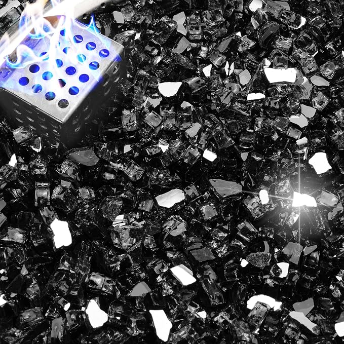NUPICK 10 Pound Fire Glass, 1/4 Inch Reflective Fire Pit Glass | Tempered Fire Pit Rocks for Propane or Natural Gas, Glass Rocks for Fire Pit Table, Fireplace, Fire Bowl, Landscaping, Black