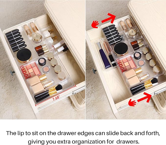 Oubonun Expandable Drawer Organizer 11.1” to 19.2” Width, Shallow Cosmetic Organizer 1.3” Height, 4 Packs, Clear Plastic Storage Trays for Dressing Table,Bathroom