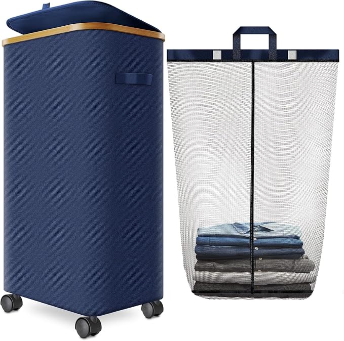 Laundry Hamper with Wheels and Lid,Foldable Rolling Laundry Basket Dirty Clothes Hamper,Oxford Fabric Storage Organizer for Bedroom, Dorm, Laundry Room (Blue, 110 L)