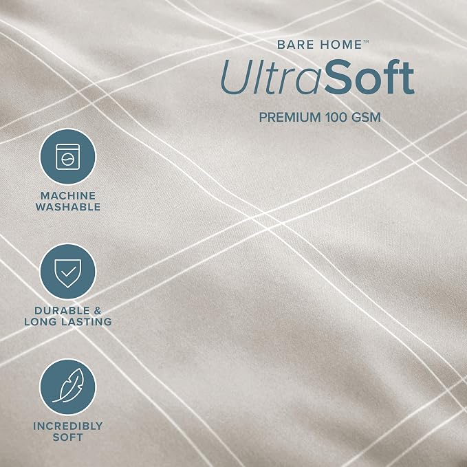 Bare Home Bedding Duvet Cover Queen Size - Premium 1800 Super Soft Collection - Lightweight, Duvet Cover - Soft Textured Bedding (Queen, Modern Plaid - Stone/White)