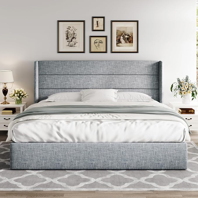 Allewie King Size Lift Up Hydraulic Storage Bed Frame Blue Grey | Modern Wingback Headboard, Hydraulic Support Storage, No Box Spring Needed