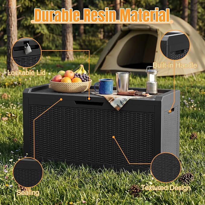 Outdoor Storage Box,98 Gallon Waterproof Resin Patio Deck Box | UV Resistant Lockable Package Delivery Bin, Toy Cabinet, Shoe & Garden Tools Storage, Ottoman, Indoor/Outdoor