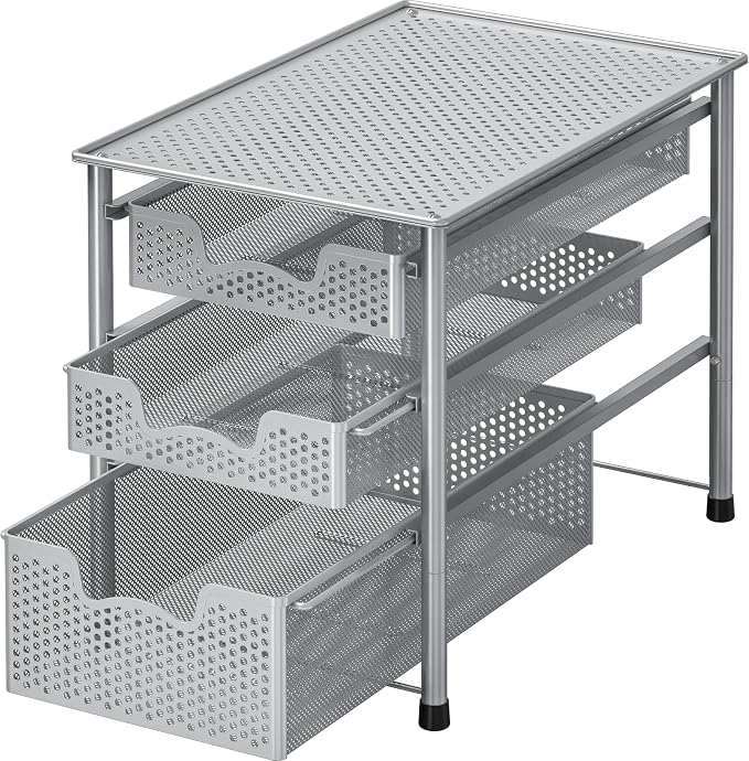 Simple Houseware Stackable 3 Tier Sliding Basket Organizer Drawer, Silver