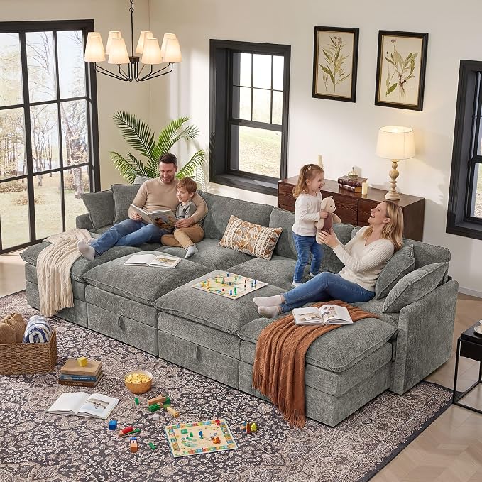 Ihanherry 135” Oversized Sectional Sofa Bed with Storage, 8-Seater Modular Cloud Couch with Movable Ottomans, Chenille Deep Seat Sleeper Couches for Living Room (Grey)