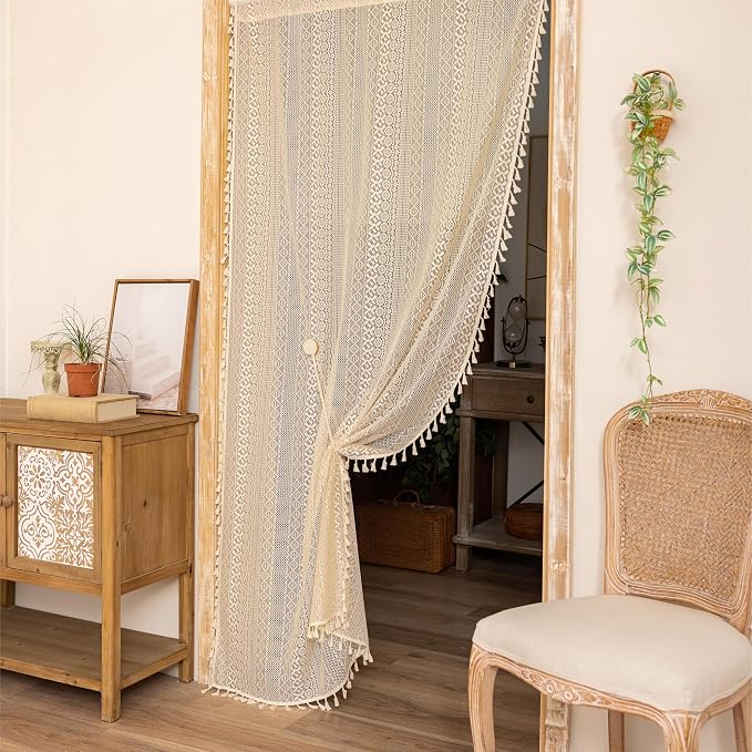 Sutuo Home Boho Doorway Curtains for Closet Patio, Lace Sheer Door Curtains for Doorway Crochet Vintage Chic Tassels Bohemian Temporary Room Divider Privacy Rustic Geometry Rod Pocket, 37" x 80" Beige