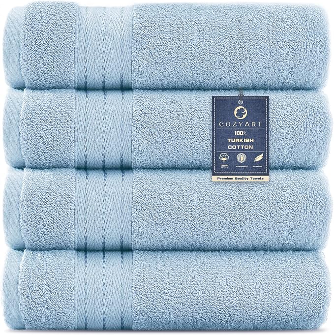 COZYART Luxury Hand Towels 4 PCS, Light Blue 100% Turkish Cotton 650 GSM | OEKO-Tex 100 Certified Zero Twist Ring Spun, Soft Absorbent Quick Dry, Plush Fluffy, Breathable Hotel Quality for Daily Use