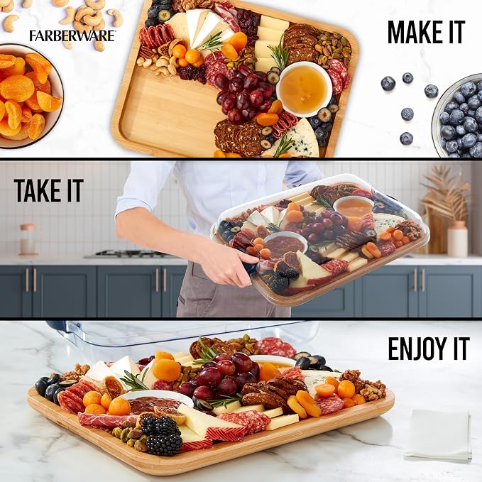 Farberware Bamboo Cutting Board with Clear Locking Lid, 11x14 Inches - Charcuterie Board with Recessed Handles, Raised Edges, Reversible Surface - Make It, Take It, Enjoy It