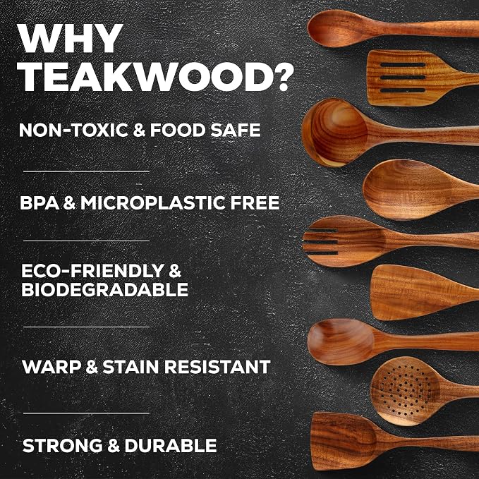 Zulay Kitchen 15-Piece Teak Wooden Utensils for Cooking - Natural Teak Utensil Set with Premium Gift Box - Non-Stick Wooden Spoons for Cooking - Kitchen Gift Set - Comfortable Grip Wooden Utensil Set