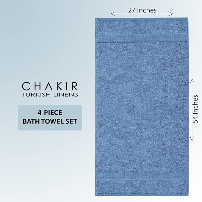 Chakir Turkish Linens 4 Piece Large Bath Towels, 100% Cotton Turkish Towels for Bathroom, Luxury Soft Absorbent Bath Towel Set, 27 x 54 Inches, Wedgewood