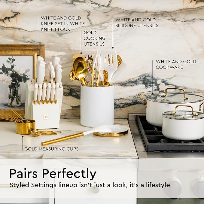 Gold Kitchen Utensils Set - 19-Piece Set Includes Stainless Steel Gold Utensils, White Silicone Tools, and Measuring Cups and Spoons - Luxury Kitchen Accessories for Modern Cooking, Serving, & Gifting