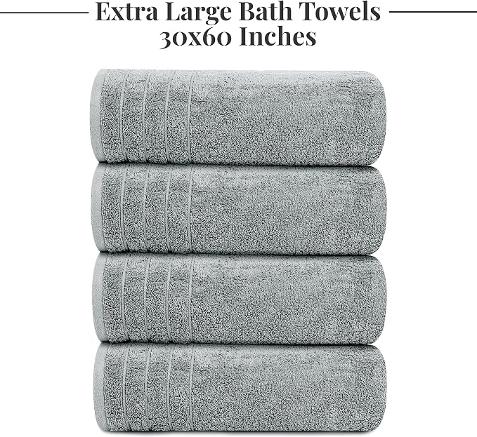 Tens Towels 4 Piece Extra Large Bath Towels 30 x 60 Inches, Cool Grey | 100% Cotton, Larger & Lighter Weight, Quicker to Dry, Super Soft and Absorbent, Perfect for Bathroom