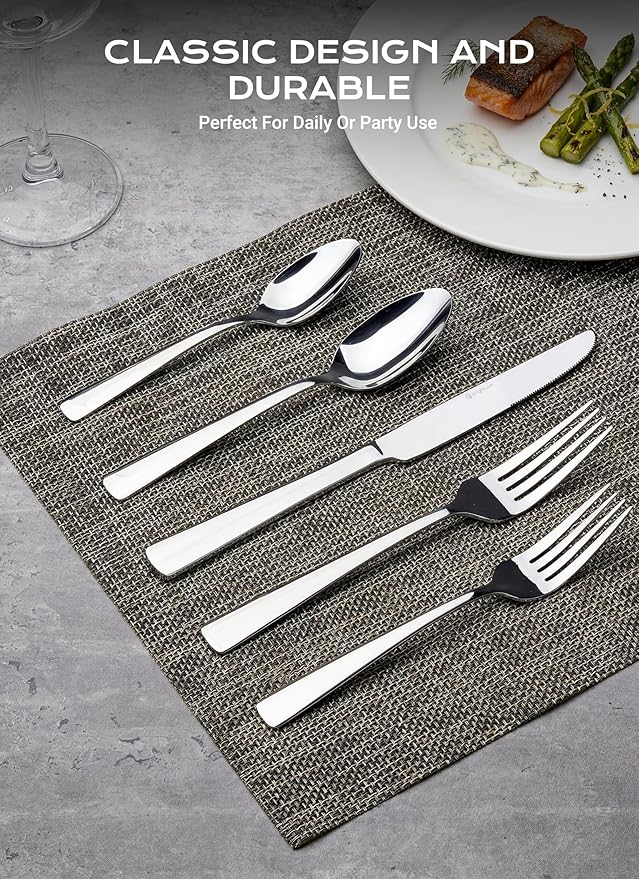45-Piece Flatware Sets, Silverware Set for 8, Durable Stainless Steel Tableware in Ergonomic Design Size and Weight, Kitchen Utensils Set with Steak Knives, Rust-proof, Dishwasher Safe